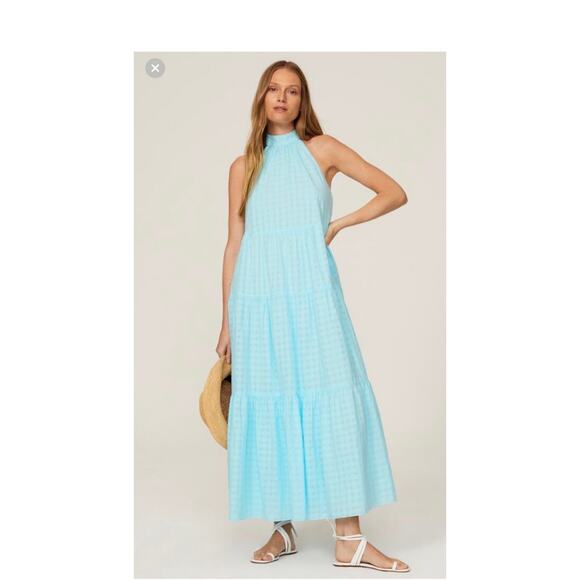 TRINA TURK Sky Blue 100% Cotton Halter Neck Sunglasses Maxi Dress Size Small - Picture 1 of 13